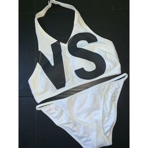 Victoria's Secret Bralette high-neck L BIKINI fishnet bottom WHITE BLACK VS logo